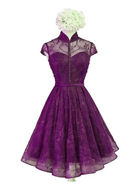 Beautiful Purple Lace Knee Length High Neckline Party Dress, Lace Wedding Party Dress Tunics Chic elegant