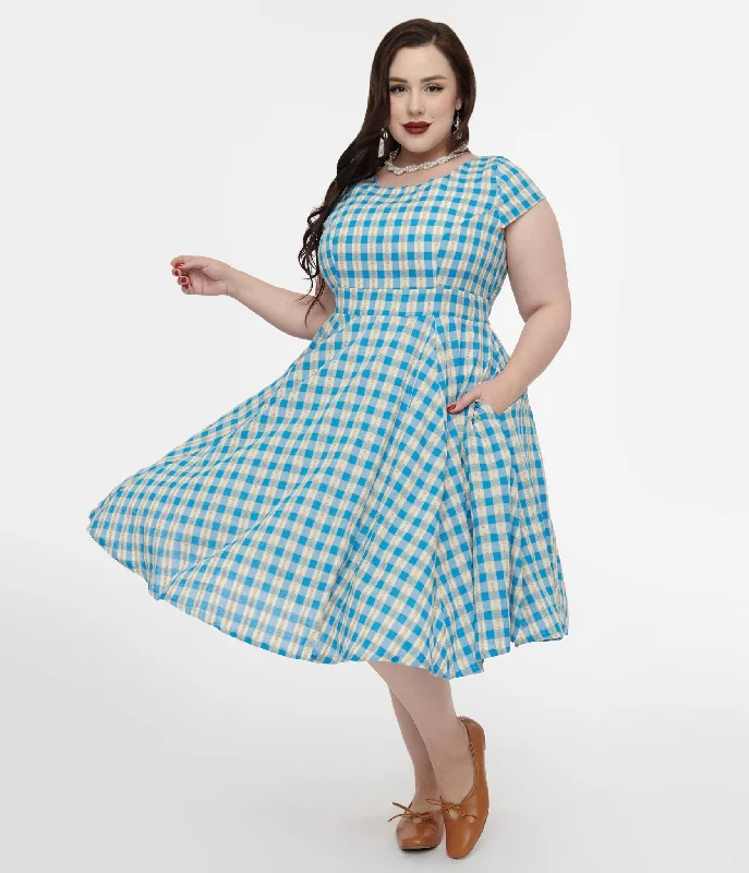 Magnolia Place Plus Size 1950s Blue Floral Gingham Anna Swing Dress Tunics Luxurious premium
