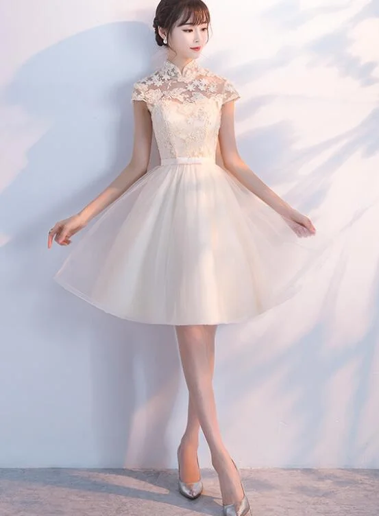 Cute Lace and Tulle Lovely Champagne Short Party Dress, Homecoming Dress Tunics Fashionable trendy