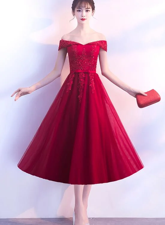 Adorable Dark Red Tea Length Wedding Party Dress, Tulle Off Shoulder Prom Dress Tunics Modern contemporary