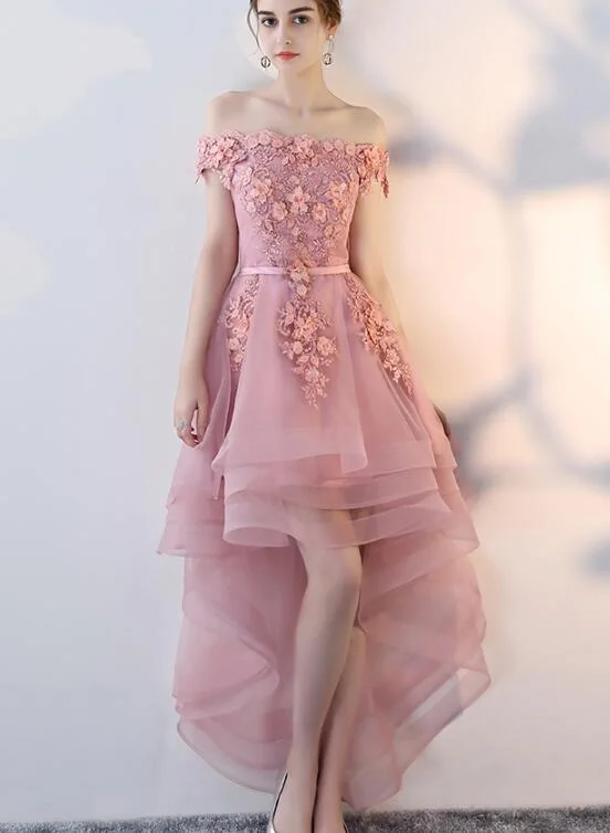 Pink High Low Tulle Off Shoulder Party Dress, Pink Homecoming Dress Halter Neckline Beach