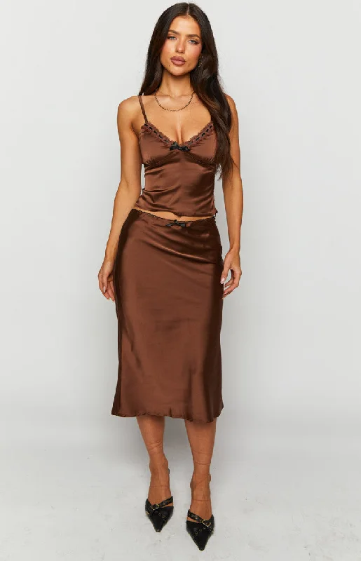 Khloe Brown Satin Midi Skirt seamless skirt comfort