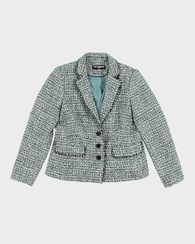 Women's Karl Lagerfeld  Buckled Tweed Bouclé Blazer Jacket - M Stand-Up Collar Roll-Neck Collar Turtle Neck