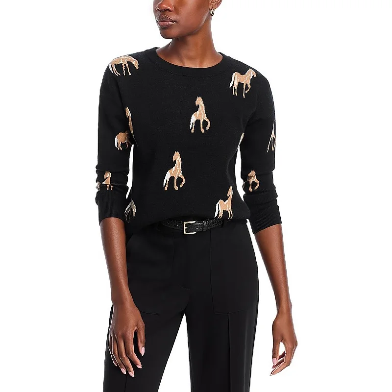 Tahari Womens Horse Graphic Knit Crewneck Sweater Hooded Sweater Collared Sweater Shawl Collar