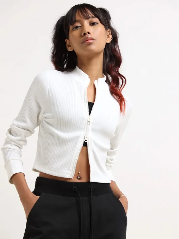 Studiofit White Cotton Blend Double-Zipper Jacket Corduroy Jacket Velvet Jacket Brocade Jacket