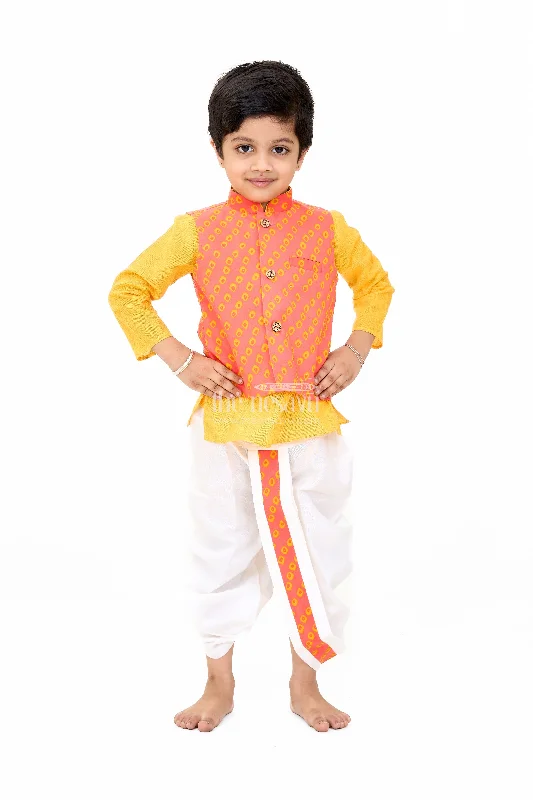 Boys Red and Yellow Wedding Kurta Set with Embroidered Nehru Jacket and Traditional Dhoti Faux Fur Jacket Real Fur Jacket Shearling Jacket