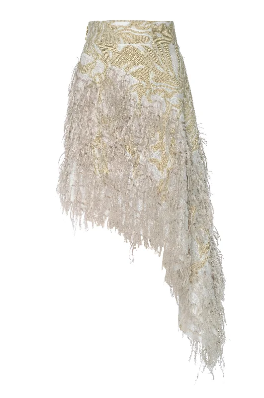 AGAPI Asymmetrical Feathered Blush Skirt leather skirt bold