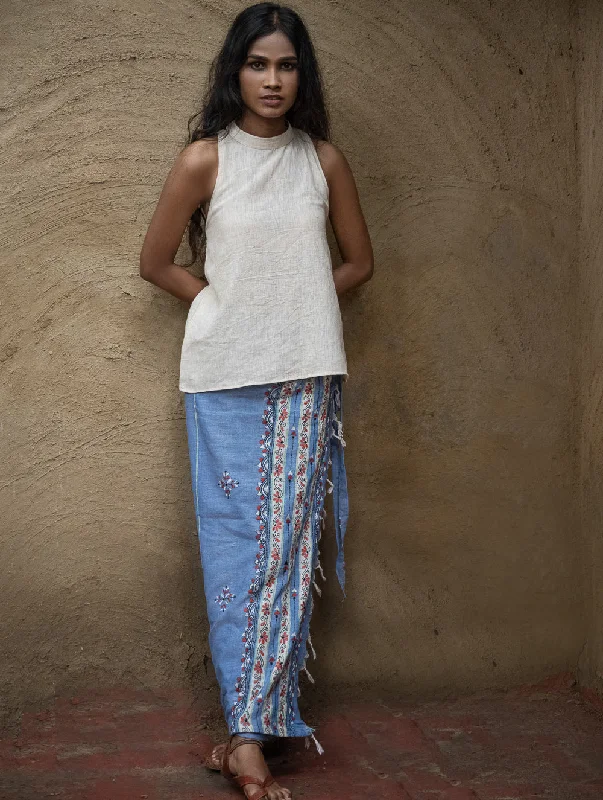 Handwoven Khesh & Kantha Embroidered Cotton Wrap Skirt - Soft Blue chiffon skirt airy