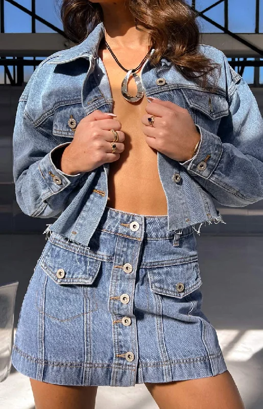 Helena Mid Wash Denim Cargo Mini Skirt flowy skirt hem