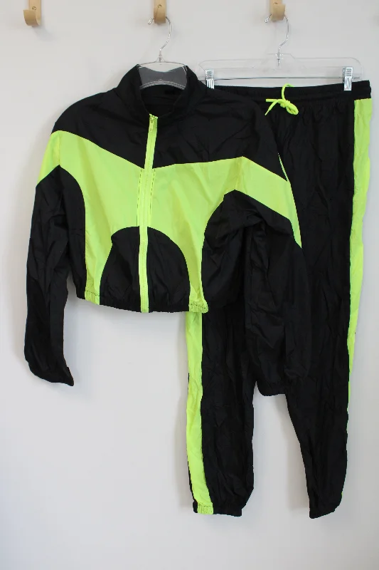 Shein Black & Neon Green Cropped Jacket & Sweatpants Tracksuit Set | L Denim Jacket Leather Jacket Suede Jacket