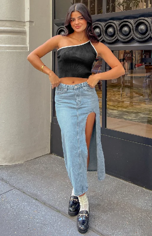 Aysha Cutout Blue Denim Midi Skirt silk skirt elegant