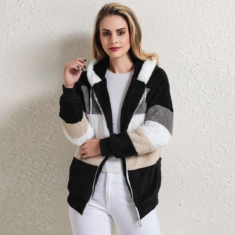 Women's Loose, Warm and Plush Hooded Jacket for Winter Hoodie Zip-Up Jacket Button-Up Jacket