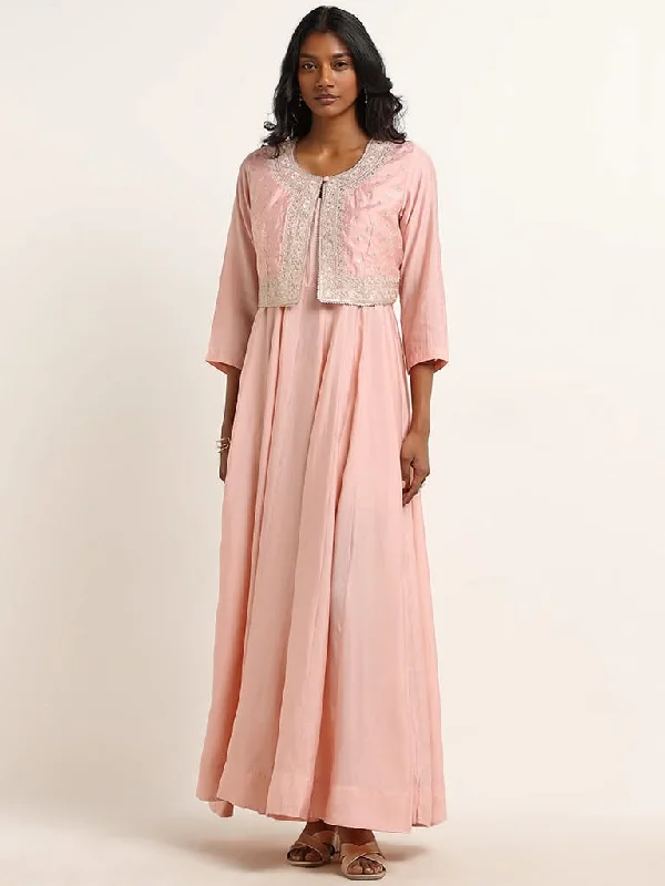Vark Pink Floral Embroidered Crop Jacket and Maxi Dress Set Nylon Jacket Polyester Jacket Spandex Jacket