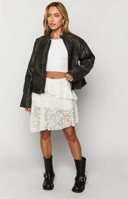 Tuscany White Lace Mini Skirt elastic waist skirt