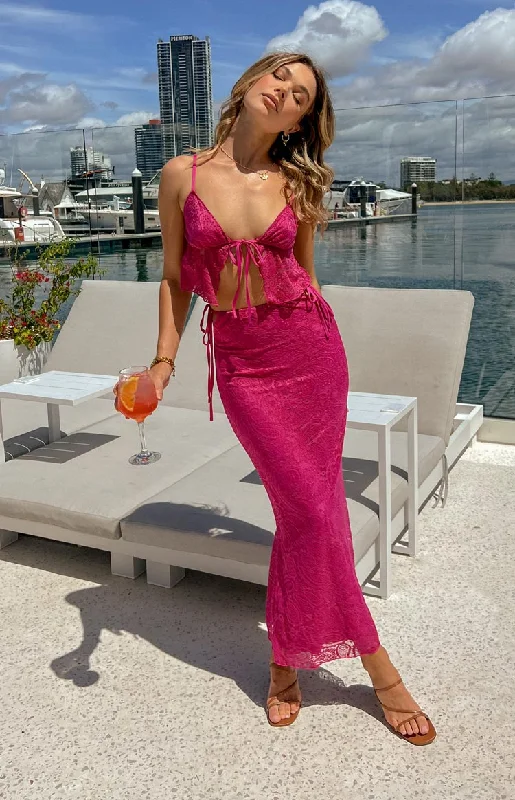 Alexia Fuschia Lace Tie Up Maxi Skirt denim skirt trendy