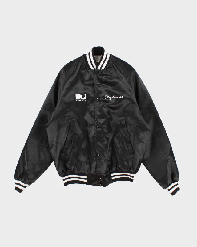 80s Vintage Woman's Black Satin Finish Varsity Jacket - M Front Pockets Side Pockets Patch Pockets