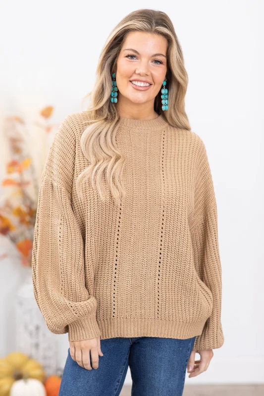 Tan Ribbed Sweater With Fishnet Detail Nylon Fabric Polyester Fabric Spandex Fabric