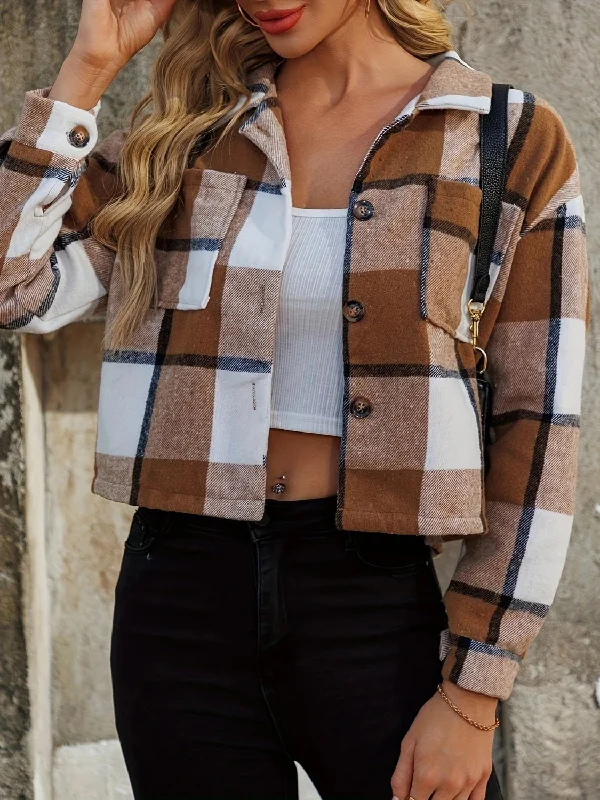 Plaid Collared Neck Cropped Jacket Plaid Jacket Tartan Jacket Houndstooth Jacket