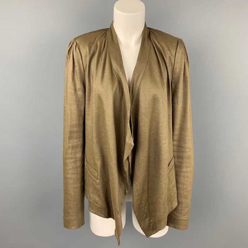 DIANE VON FURSTENBERG Size 8 Olive Linen Blend Open Front Jacket Front Pockets Side Pockets Patch Pockets
