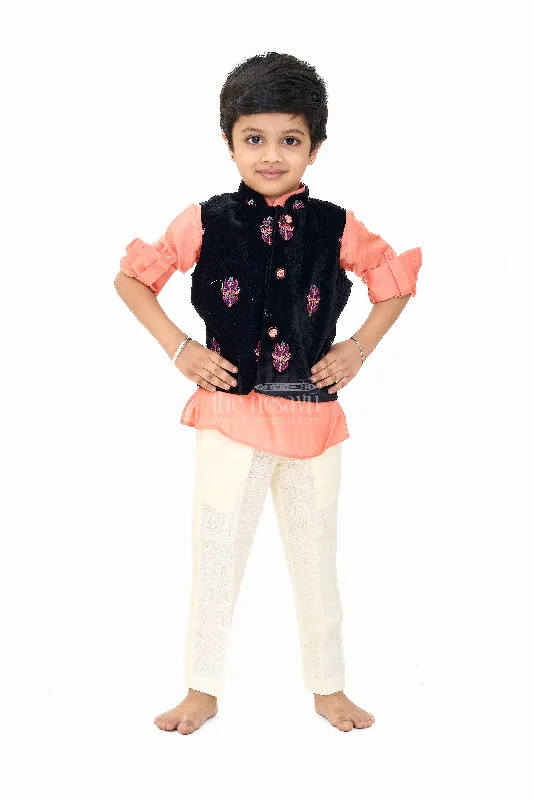 Boys Blue and Peach Kurta Set with Embroidered Nehru Jacket and Cream Pants for Festive Wear Zippered Jacket Buttoned Jacket Snapped Jacket