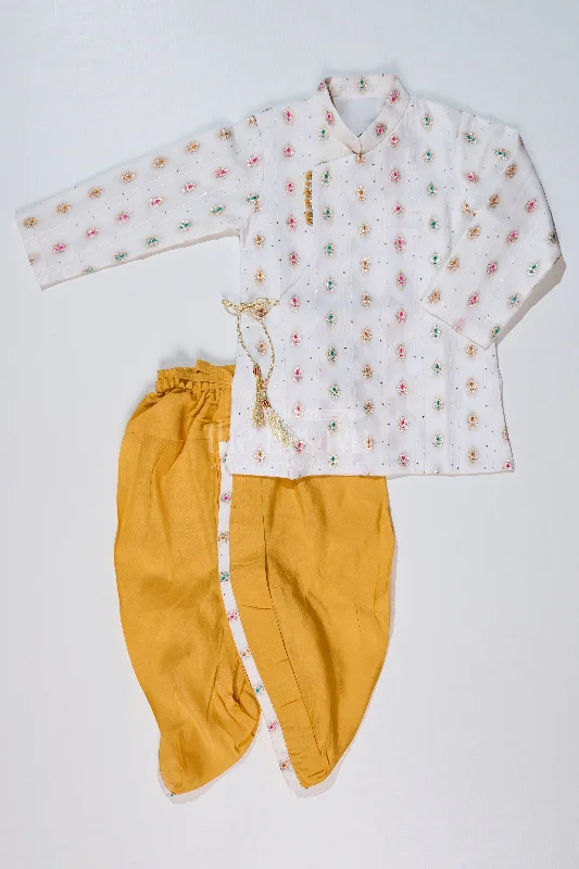 Boys Traditional Dhoti Kurta in White and Yellow with Embroidered Silk Jacket Front Pockets Side Pockets Patch Pockets