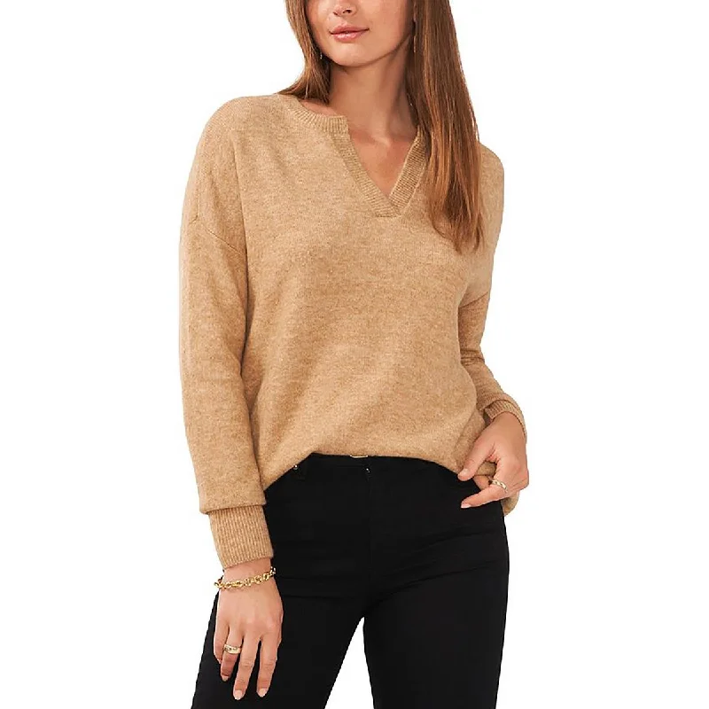 Vince Camuto Womens Ribbed Split Neck V-Neck Sweater Layered Multi-layer Single Layer