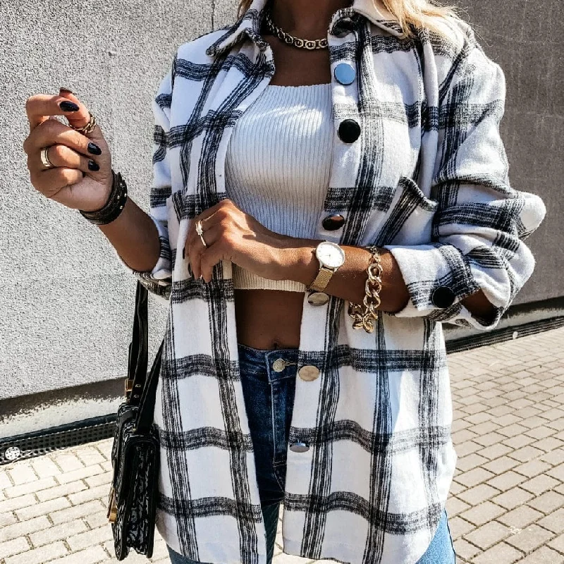 2022 Fashion Autumn Plaid Full Sleeves Casual Jacket Plus Size Medium Long Loose Coat Breasted Button Design Women Clothing Stand-Up Collar Roll-Neck Collar Turtle Neck