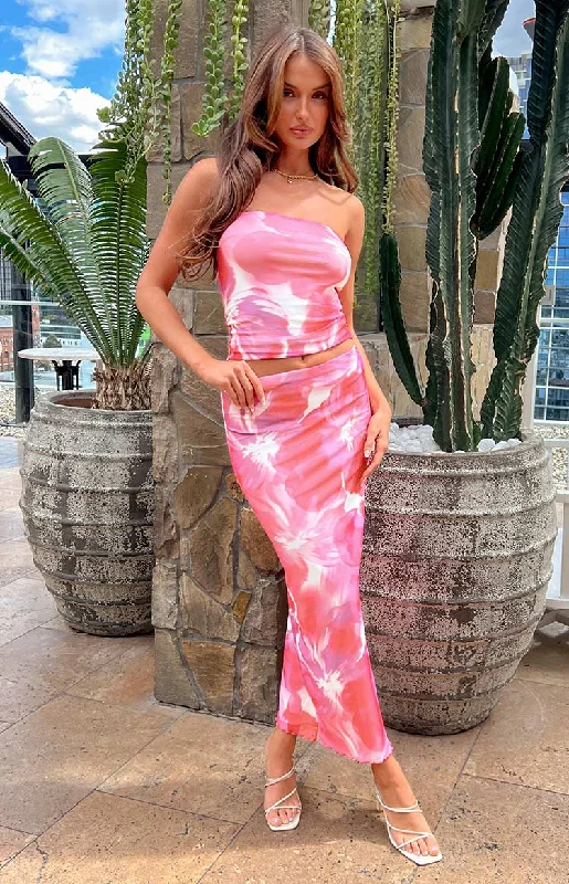 When In Rome Pink Floral Print Mesh Maxi Skirt lace skirt romantic