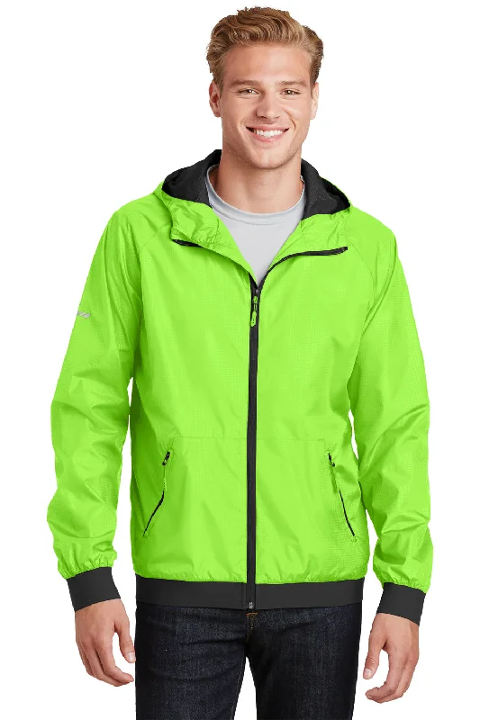 Sport-Tek Mens Wind & Water Resistant Full Zip Hooded Jacket - Lime Shock Green/Black - Closeout Faux Fur Fabric Real Fur Fabric Shearling Fabric