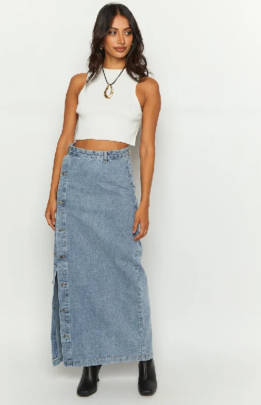 Fazio Button Side Denim Maxi Skirt chiffon skirt lightweight