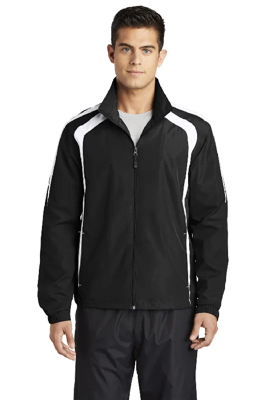 Sport-Tek Mens Water Resistant Full Zip Jacket - Black/White Ribbed Jacket Pleated Jacket Ruffled Jacket