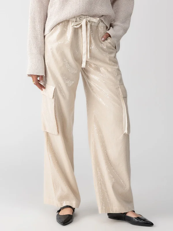 Pull-On Sequin Semi High Rise Cargo Pant Frosted Almond Casual Skinny Fit Pants