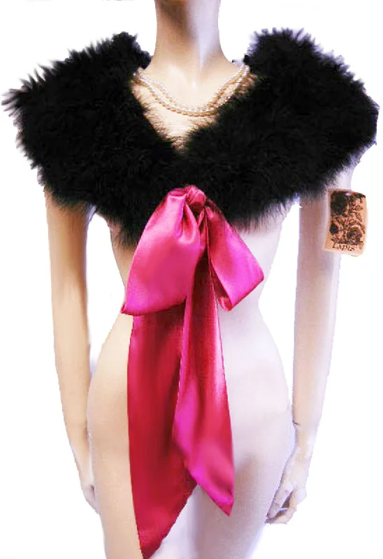 NEW - GORGEOUS VINTAGE LAPIS MARABOU FEATHER & SATIN STOLE OR BED JACKET IN JET BLACK WITH LONG HOT PINK SATIN TIES - NEW WITH TAG Mesh Jacket Canvas Jacket Denim Jacket