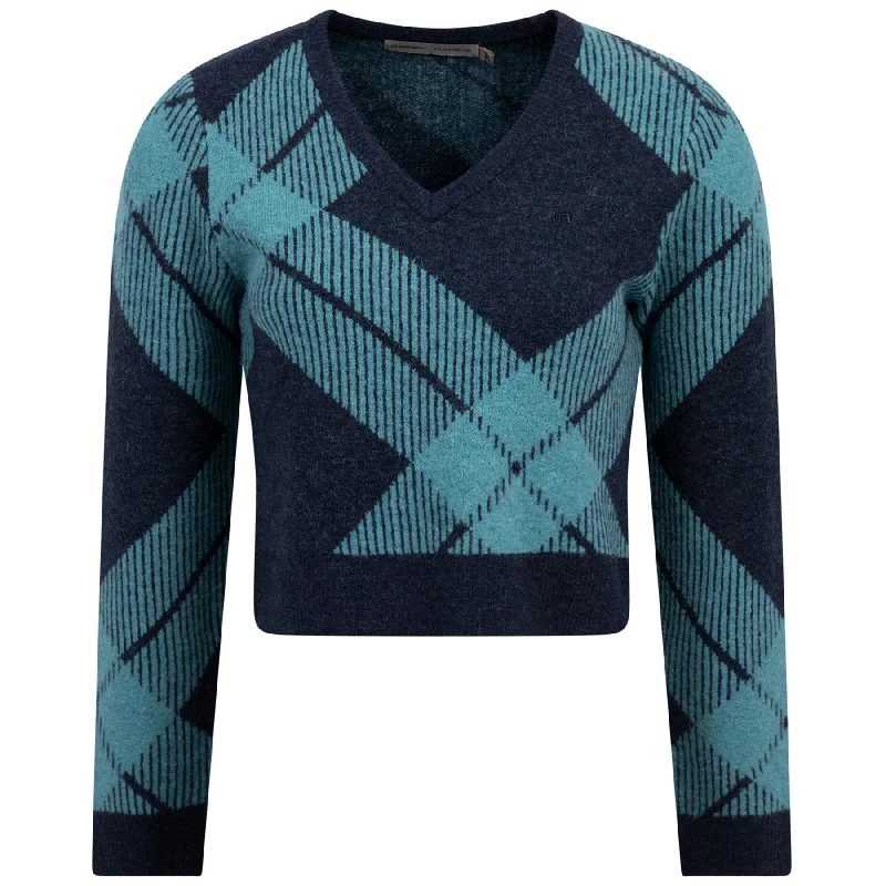 x Glenmuir Womens Brea Knitted V-Neck Sweater Tartan Teal - PS25 Handmade Hand-knitted Hand-woven
