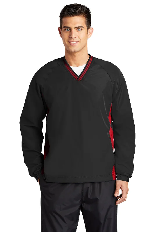 Sport-Tek Mens Water Resistant V-Neck Jacket - Black/True Red Welt Pockets Slit Pockets Flap Pockets