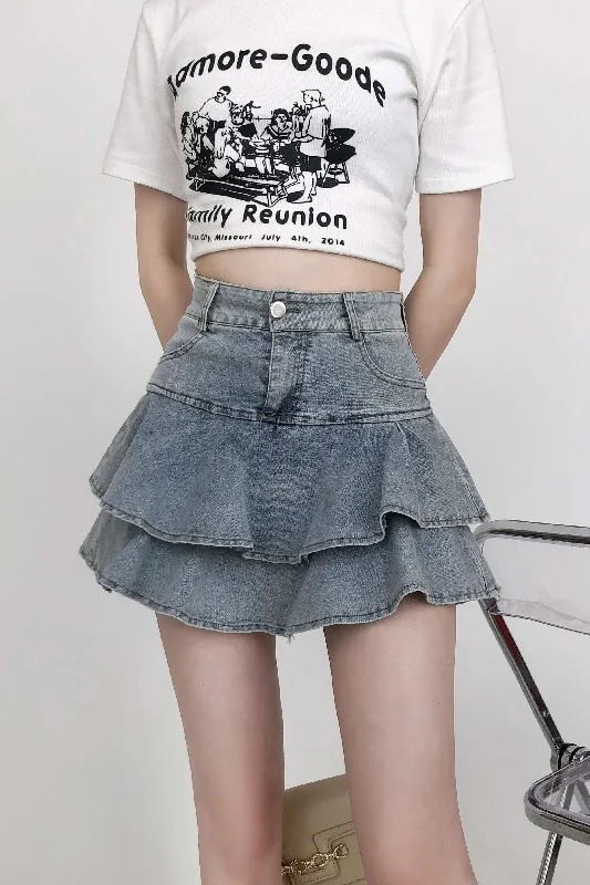 Layered Denim Ruffle Mini Skirt ribbed skirt waist