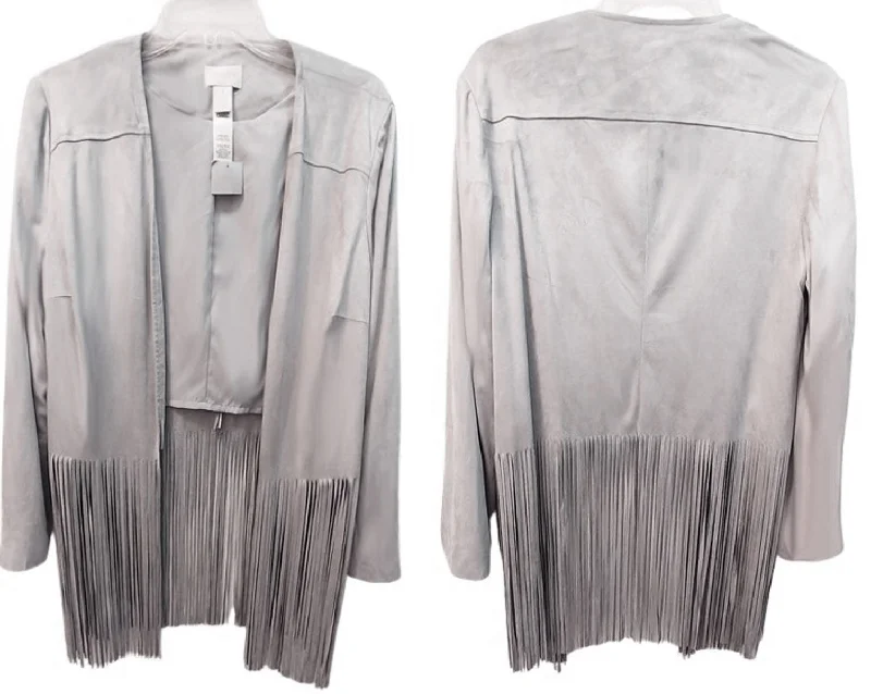 NEW WITH TAG - CHICO'S FAUX SUEDE JACKET WITH FABULOUS 14" FRINGE IN A SILVERY DOVE GRAY - WOULD MAKE A WONDERFUL CHRISTMAS OR BIRTHDAY GIFT Front Pockets Side Pockets Patch Pockets