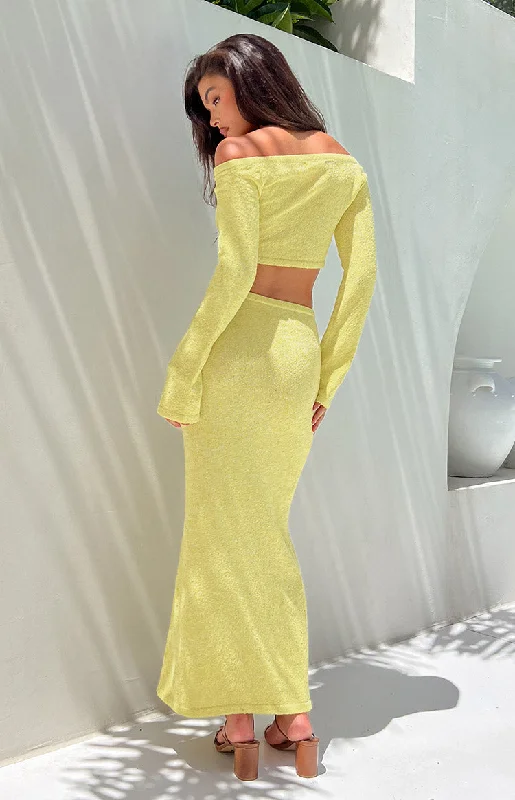 Romie Yellow Knit Maxi Skirt velvet skirt glossy