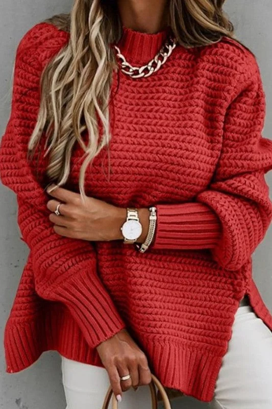 SIDE SLIT MOCK NECK SWEATER Knit Fabric Woven Fabric Fleece Fabric