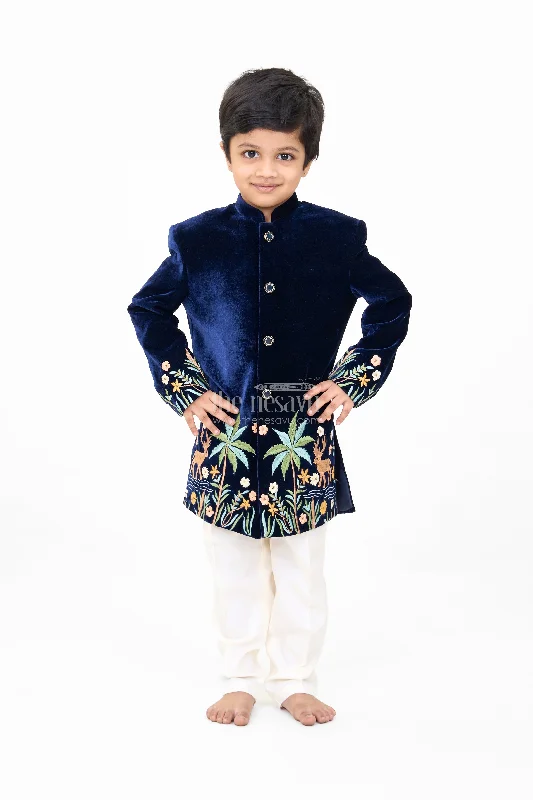 Boys Velvet Kurta Set with Embroidered Jacket and Cream Pants Boat Neck Shawl Collar Notched Collar