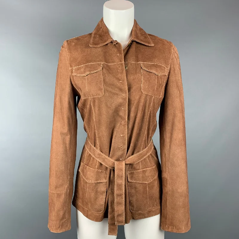 ELIE TAHARI Size S Tan Contrast Stitching Suede Belted Jacket Satin Jacket Silk Jacket Chiffon Jacket