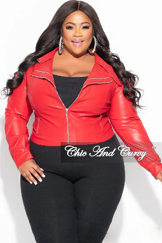 Final Sale Plus Size Biker Jacket - Red Nylon Fabric Polyester Fabric Spandex Fabric
