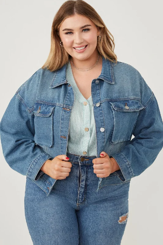 Cargo Pocket Washed Denim Jacket Tailored Jacket Straight Jacket A-Line Jacket
