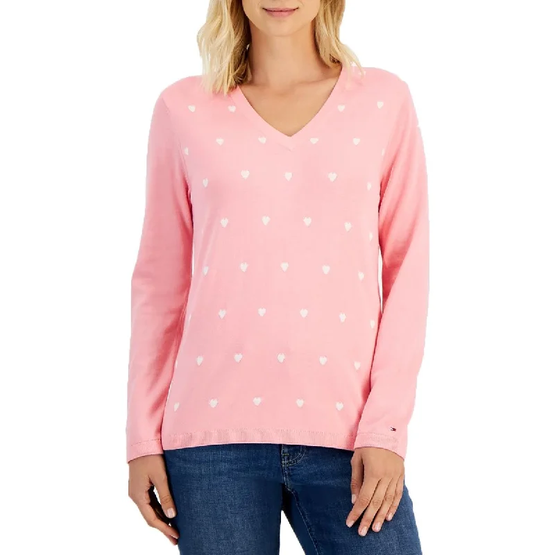 Tommy Hilfiger Womens Printed Knit V-Neck Sweater Terry Blend Velvet Blend Canvas Blend