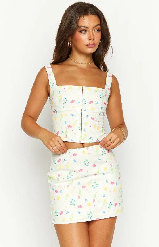 Kierra White Floral Mini Skirt chiffon skirt lightweight
