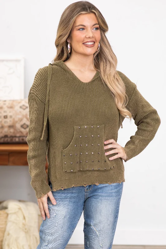 Olive Hooded Sweater With Studded Pocket Tailored Straight A-Line