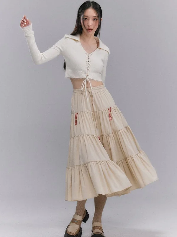 Crumply Flare Drawstring Tiered Long-Skirt cashmere skirt soft