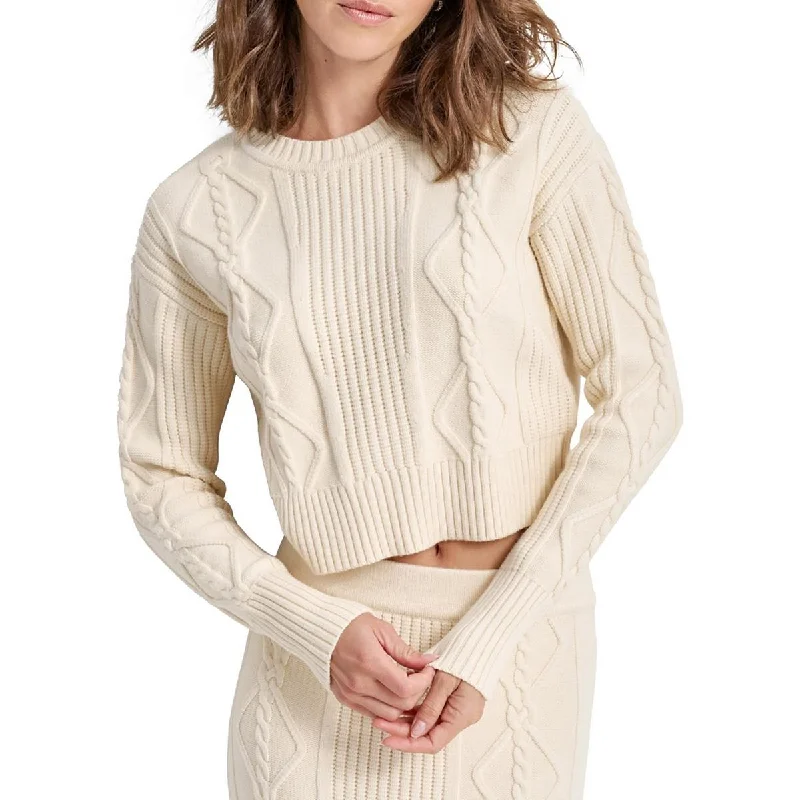 DKNY Jeans Womens Ribbed Trim  Cable Knit Crop Sweater Mesh Blend Leather Blend Suede Blend
