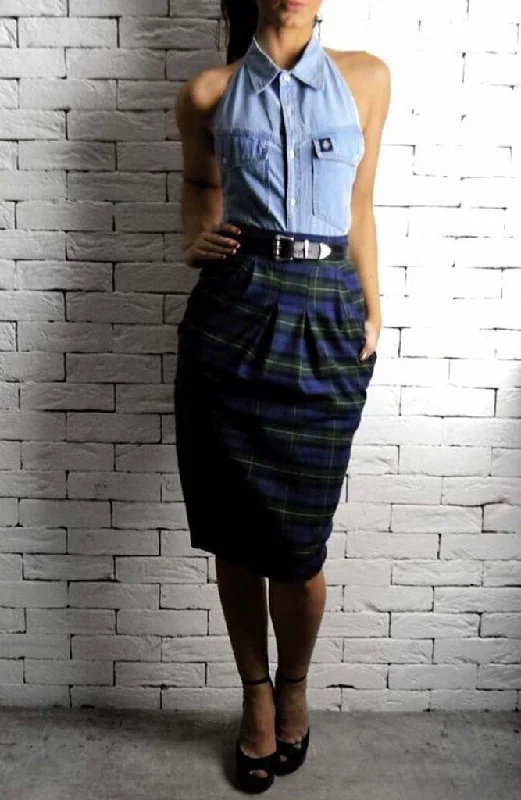 Hudson Midi Tartan Skirt - Navy/Green Tartan casual skirt length