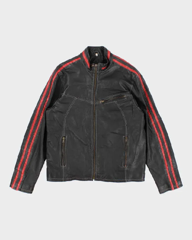 Vintage Women's Black And Red Striped Leather Moto Jacket - L Wool Jacket Cashmere Jacket Tweed Jacket